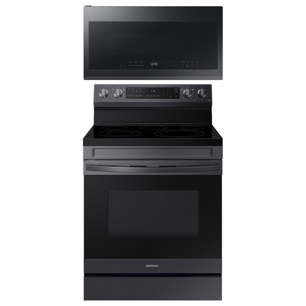 SAMSUNG 2-Piece Kitchen Package with Black Stainless Steel 30" Freestanding Electric Range and Matte Black Stainless 2.1 Cu. Ft. Over-the-Range Microwave, , large