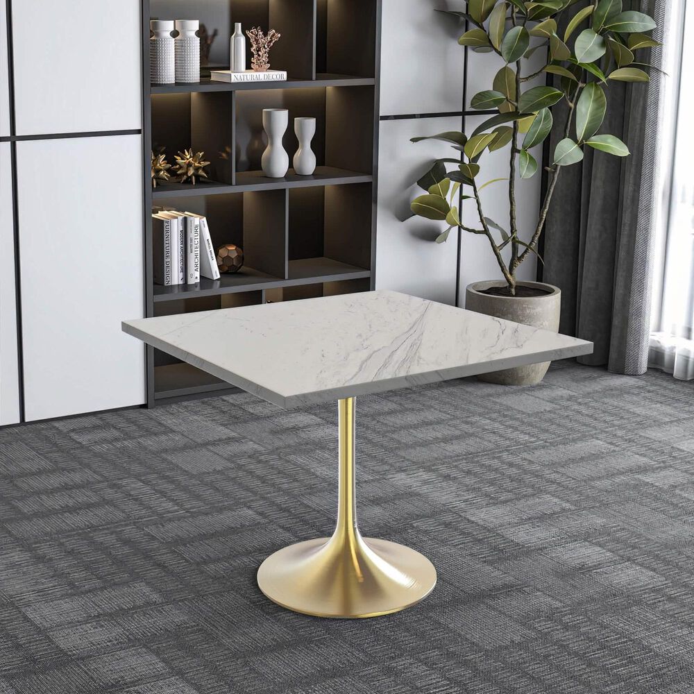 Leisuremod LeisureMod Verve Collection 36 Square Dining Table, Brushed Gold Base with Laminated White Marbleized Top, , large