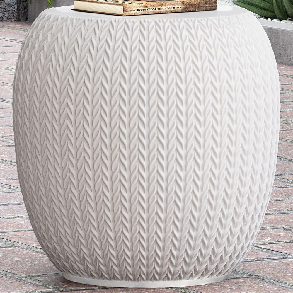 Hearth and Haven Round Patio Side Table with Braided Pattern in Antique White, , large