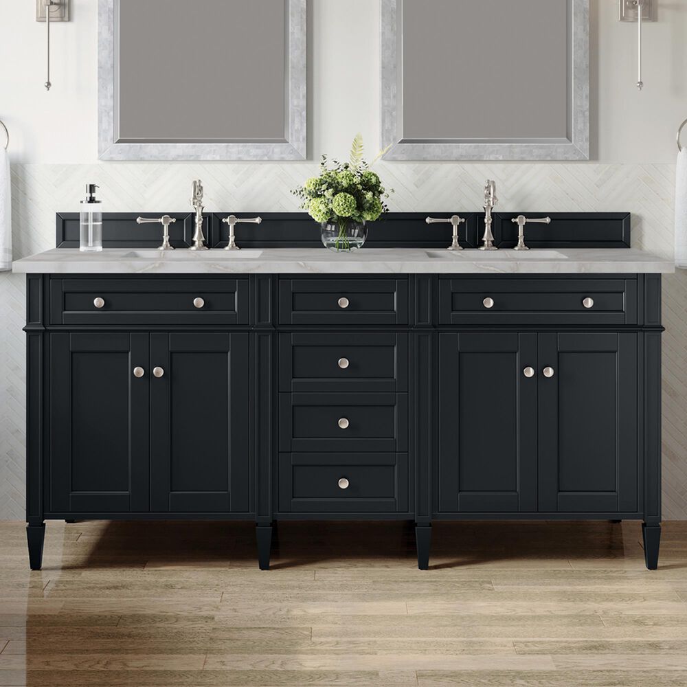 James Martin Vanities Brittany 72&quot; Double Bathroom Vanity in Black Onyx with 3 cm Victorian Silver Quartz Top and Rectangular Sinks, , large