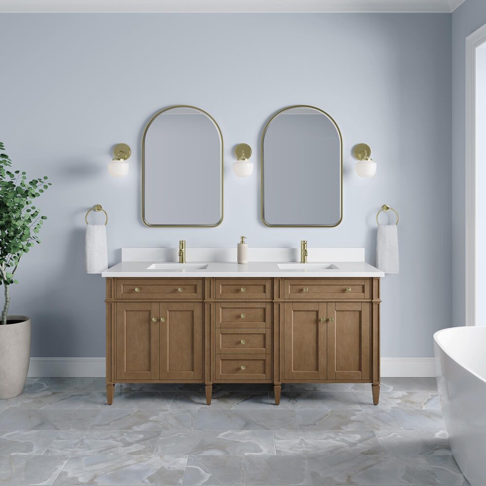 James Martin Brittany 72" Double Bathroom Vanity in Pecan with Single Hole 3 cm White Zeus Silestone Top and Rectangular Sinks, , large
