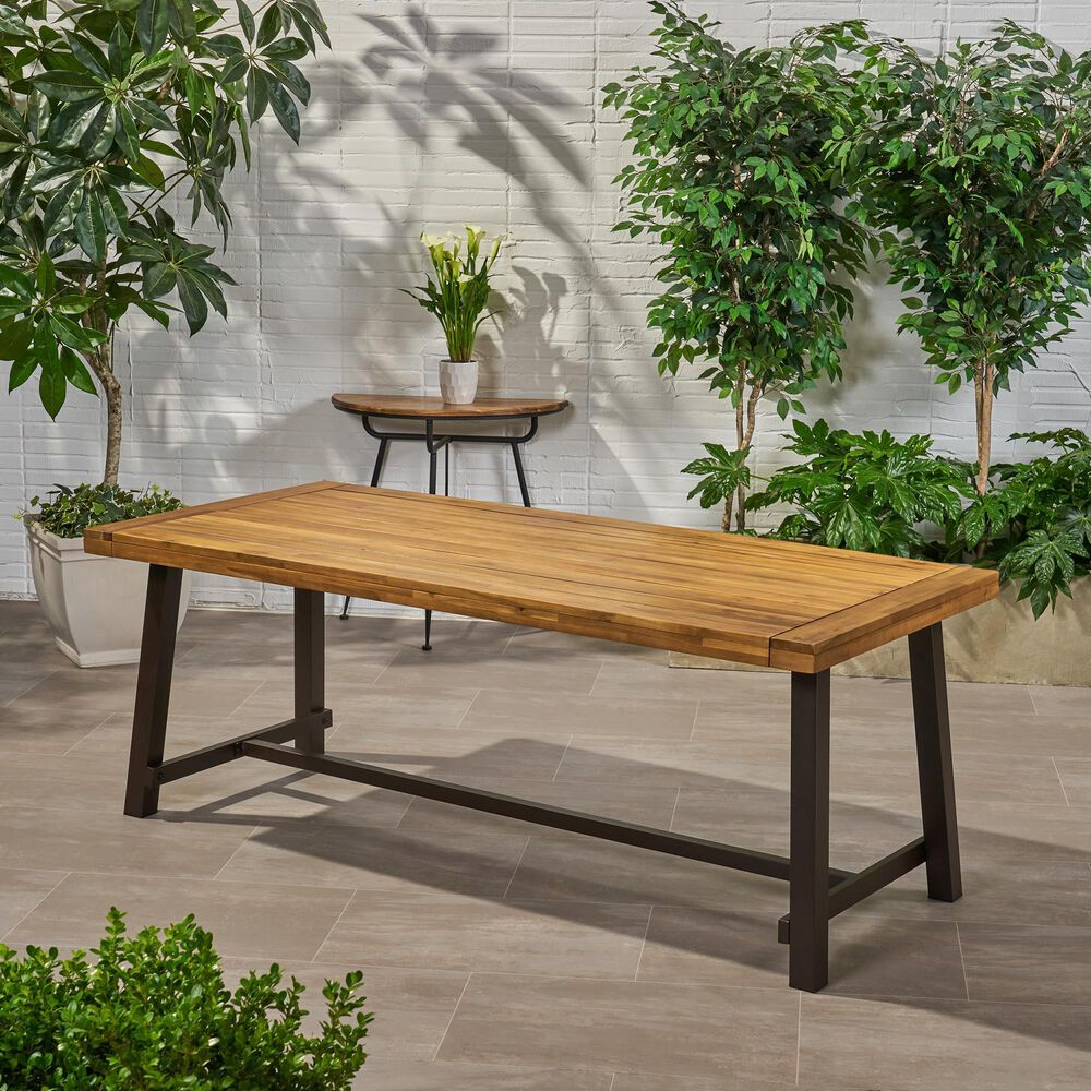 Hearth and Haven Outdoor Wood Dining Table with Slat Top and Metal Base in Teak, , large