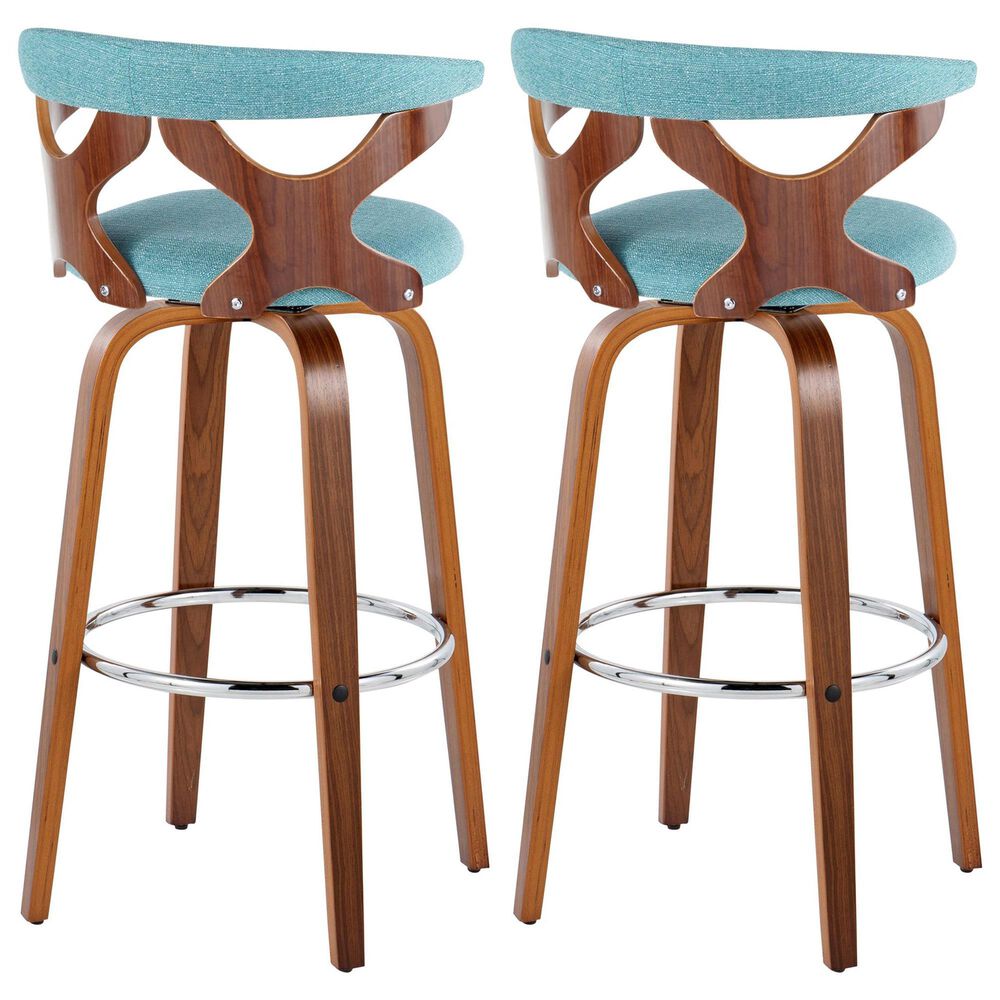 LumiSource Gardenia Swivel Fixed-Height Bar Stool with Teal Fabric Upholstery in Chrome and Walnut (Set of 2), , large