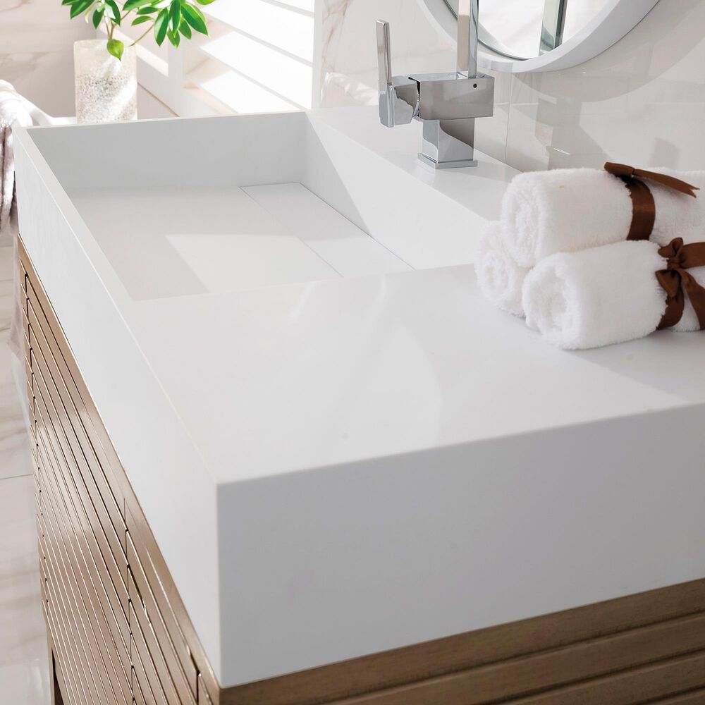 James Martin Vanities Linear 36&quot; Single Bathroom Vanity in Whitewashed Walnut with 13 cm Glossy White Solid Surface Top and Rectangular Sink, , large