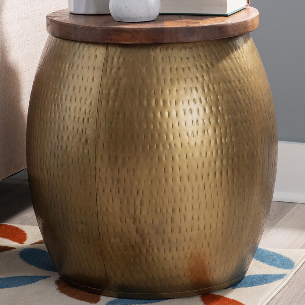 Linon Home Decor Royce 19&quot; Drum Side Table with Storage in Brass, , large