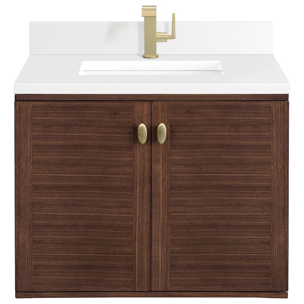 James Martin Vanities Amberly 30&quot; Single Bathroom Vanity in Mid-Century Walnut with Single Hole 3 cm White Zeus Quartz Top and Rectangular Sink, , large