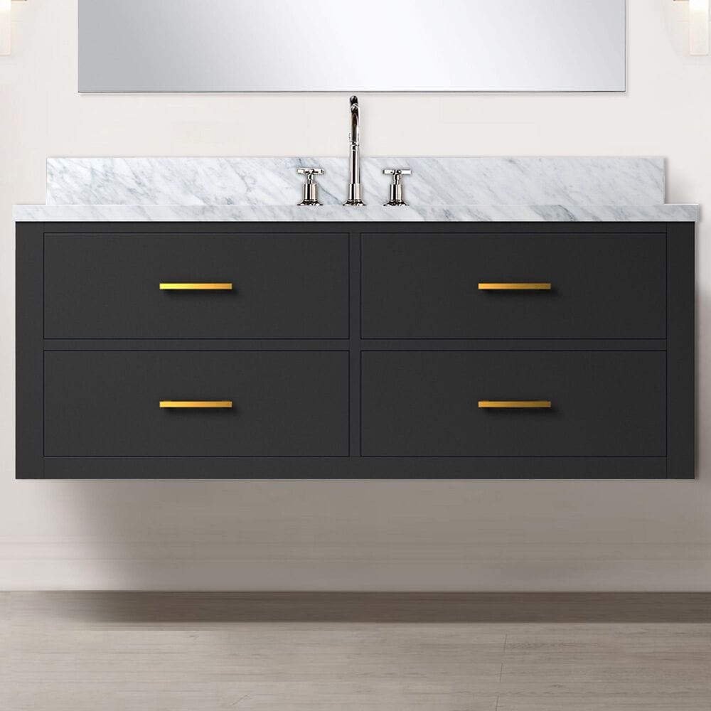 Lexora Home Castor 48&quot; Single Bathroom Vanity in Black with 2 cm White Carrara Marble Top and Rectangular Sink, , large