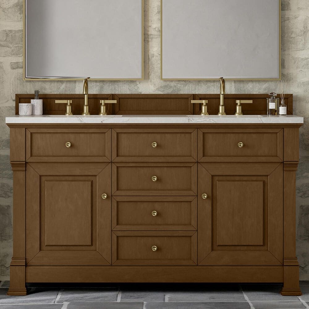 James Martin Vanities Brookfield 60" Double Bathroom Vanity in Honey Oak with 3 cm Victorian Silver Quartz Top and Rectangular Sinks, , large