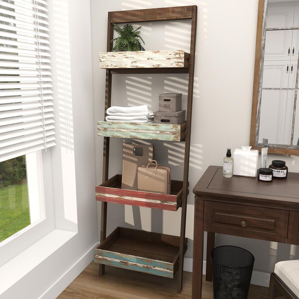 Maple and Jade 4-Shelf Storage Shelving Unit in Distressed Brown, , large