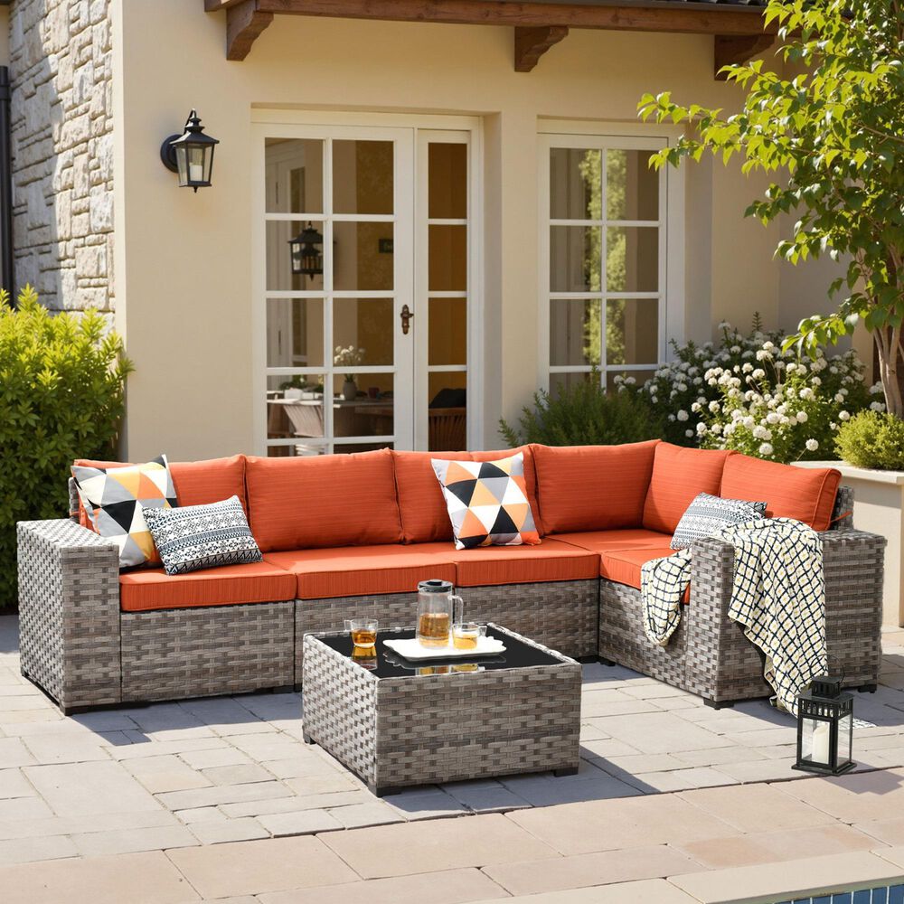 HOMLUX 6-Piece Outdoor Wicker Sectional Patio Furniture Set in Orange Red, , large