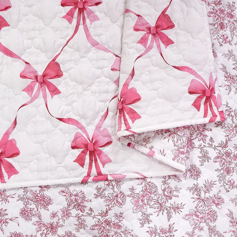 Peking Handicraft Abigail 2-Piece Bow Twin Quilt Set in Pink and White, , large