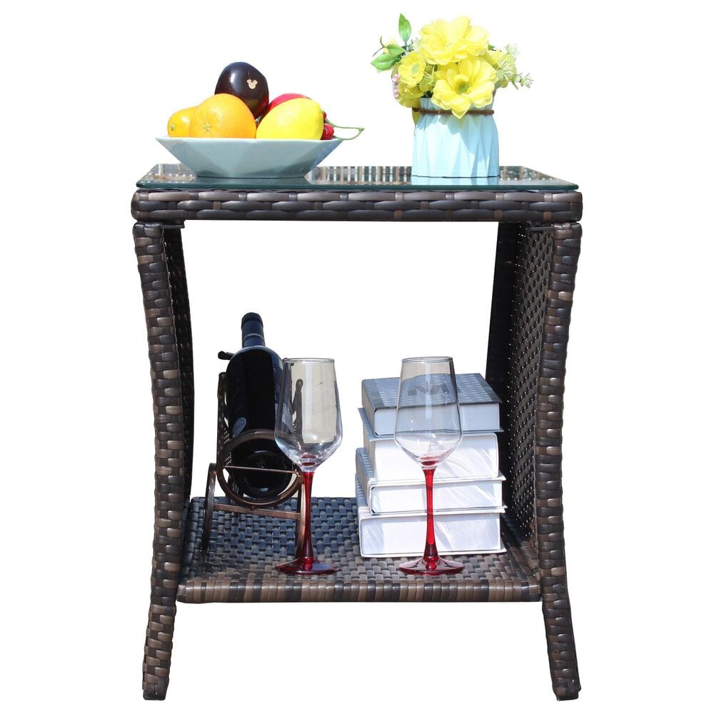 Hearth and Haven Wicker Patio Coffee Table with Clear Tempered Glass Top in Brown, , large