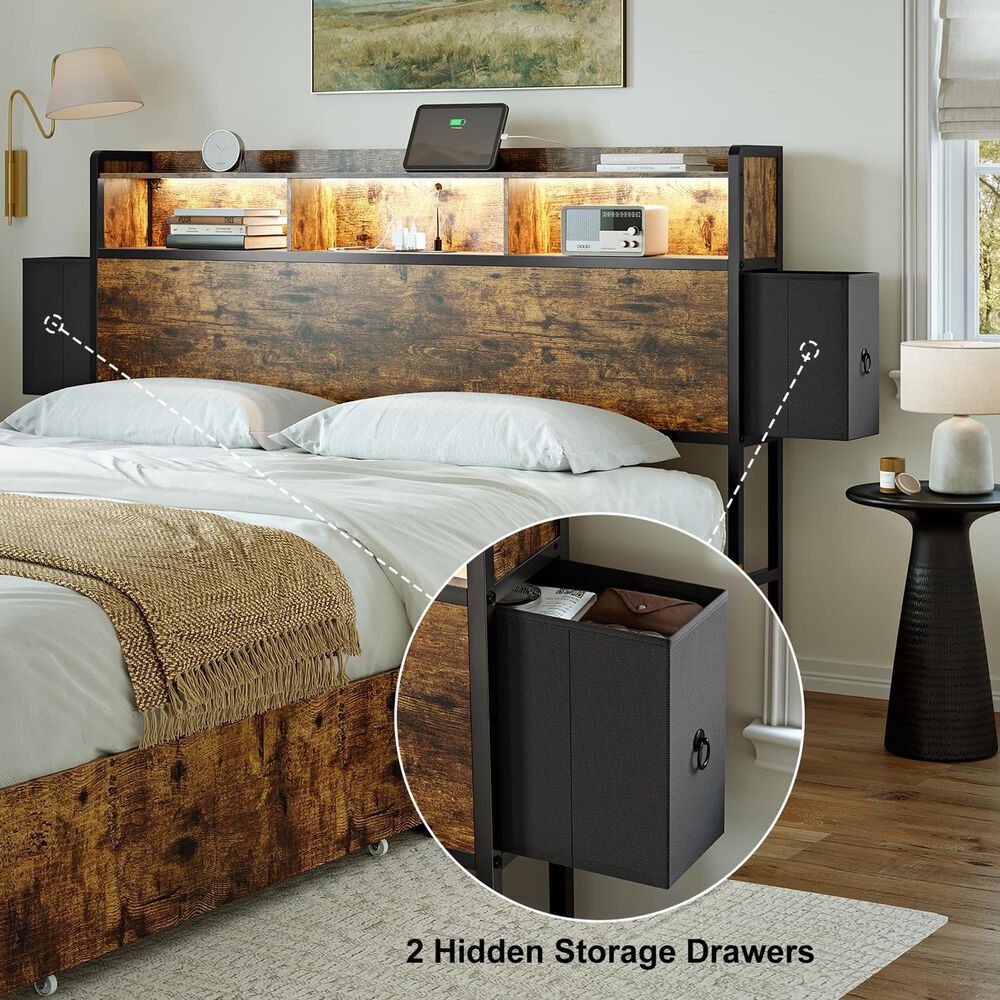 HOMLUX 4-Drawer Queen Storage Bed with LED Bookcase Headboard and Charging Station in Rustic Brown, , large