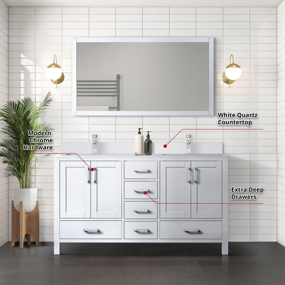 Lexora Home Jacques 60&quot; Double Bathroom Vanity in White with 2 cm White Quartz Top and Rectangular Sinks, , large