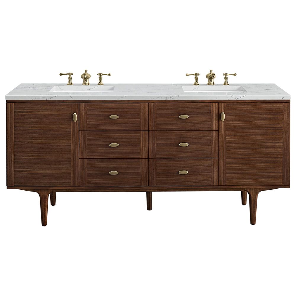 James Martin Vanities Amberly 72" Double Bathroom Vanity in Walnut with 3 cm Arctic Fall Solid Surface Top and Rectangular Sinks, , large