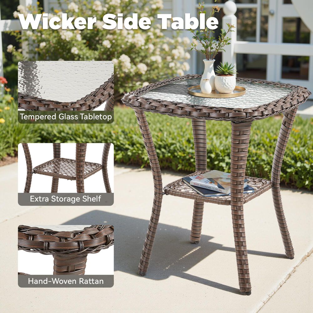 Hearth and Haven 23" Outdoor Wicker Side Table with Glass Top in Brown, , large