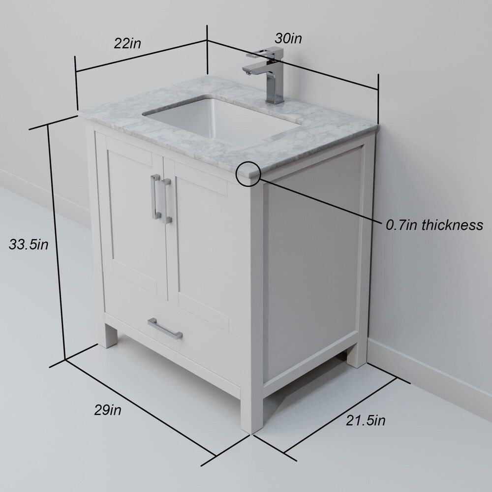 Lexora Home Jacques 30" Single Bathroom Vanity in White with 2 cm White Carrara Marble Top and Rectangular Sink, , large