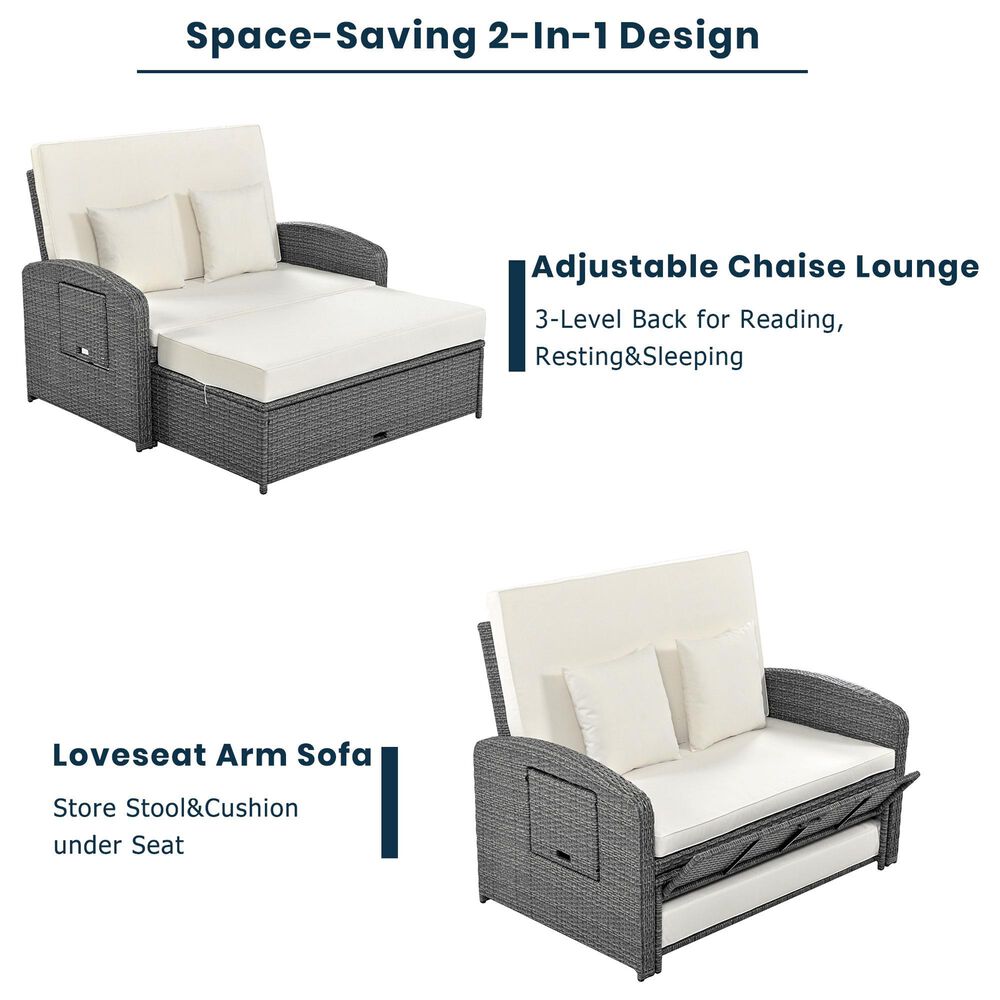 HOMLUX Wicker Rattan Double Chaise Lounge in White, , large