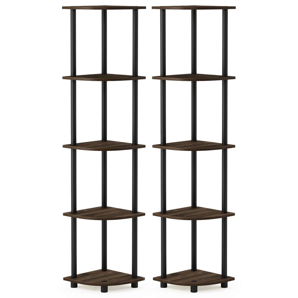 HOMLUX 5-Tier Multi-Purpose Corner Open Bookshelf in Columbia Walnut and Black (Set of 2), , large