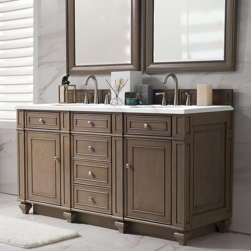 James Martin Vanities Bristol 60&quot; Double Bathroom Vanity in Whitewashed Walnut with 3 cm Carrara White Marble Top and Rectangular Sinks, , large