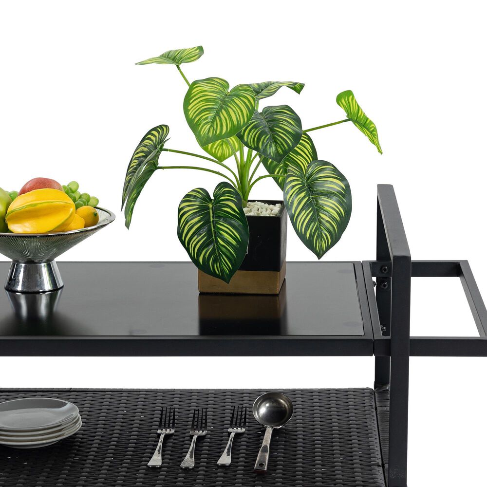 Hearth and Haven Patio Bar Cart with Glass Top and Storage Cabinet in Black, , large