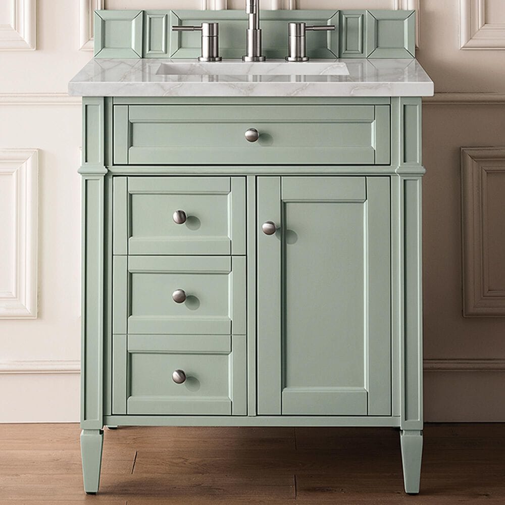 James Martin Vanities Brittany 30&quot; Single Bathroom Vanity in Sage Green with 3 cm Victorian Silver Quartz Top and Rectangular Sink, , large