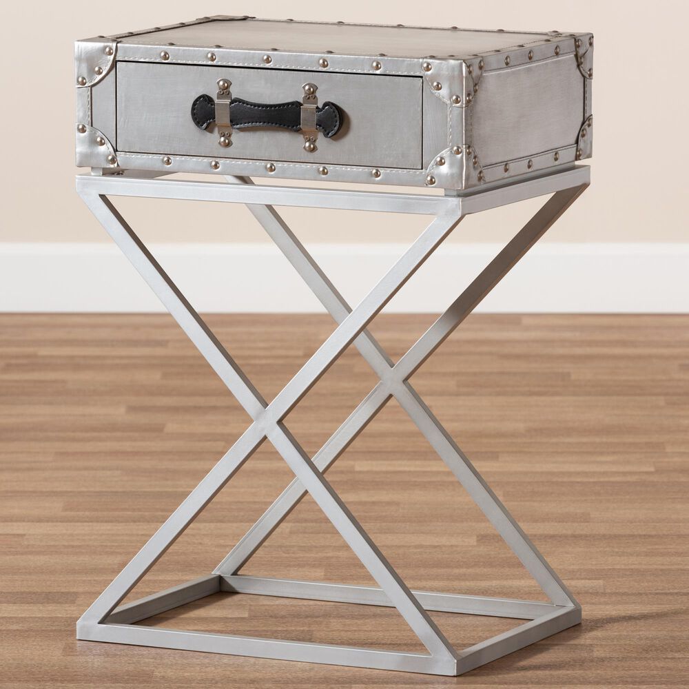 Baxton Studio William 1 Drawer Nightstand in Silver/Silver/Black, , large