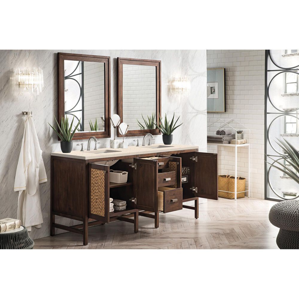 James Martin Vanities Addison 72&quot; Double Bathroom Vanity in Mid Century Acacia with 3 cm Eternal Marfil Quartz Top and Rectangular Sinks, , large