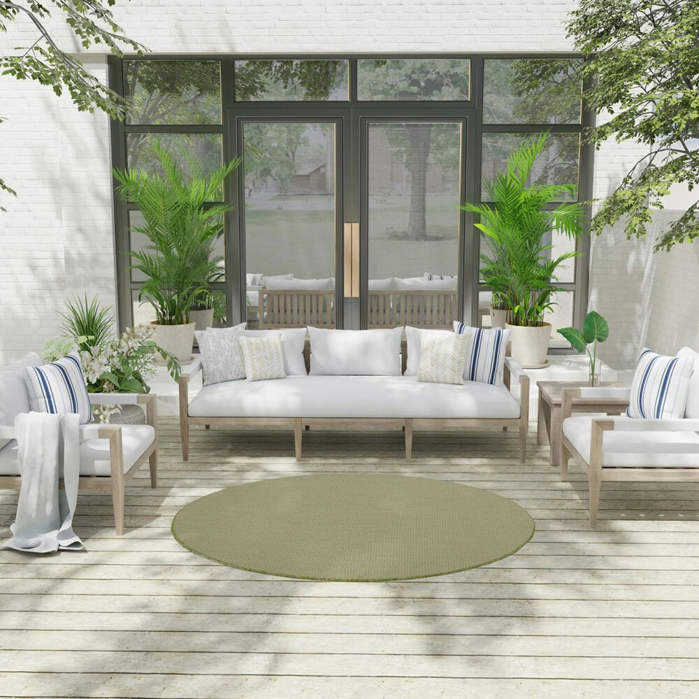 Nourison Courtyard Ivory and Green 5&#39; Round Indoor/Outdoor Area Rug, , large
