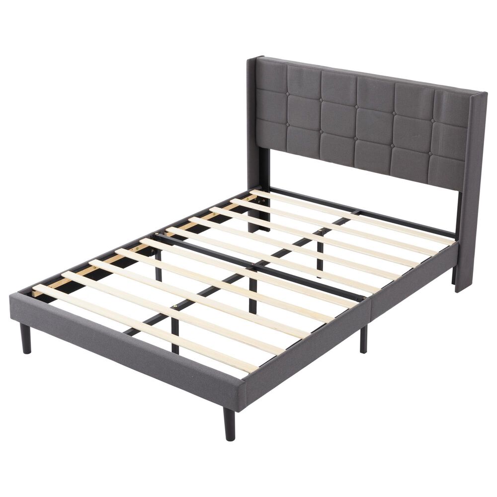 HOMLUX Full Upholstered Platform Bed Frame with Tufted Headboard in Dark Gray, , large