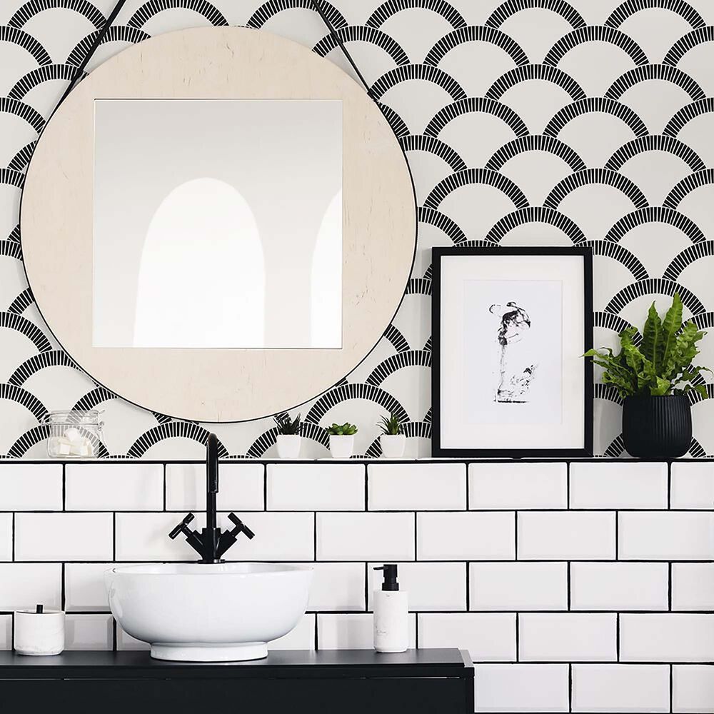 Tempaper 28 sq. ft. Mosaic Scallop Black &amp; Cream Peel and Stick Wallpaper, , large