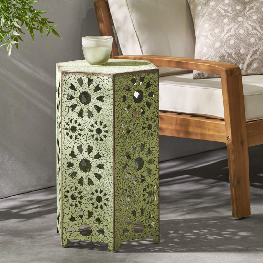 Hearth and Haven Galore 14" Outdoor Hexagon Metal Side Table with Sunburst Cut Out Design in Green, , large