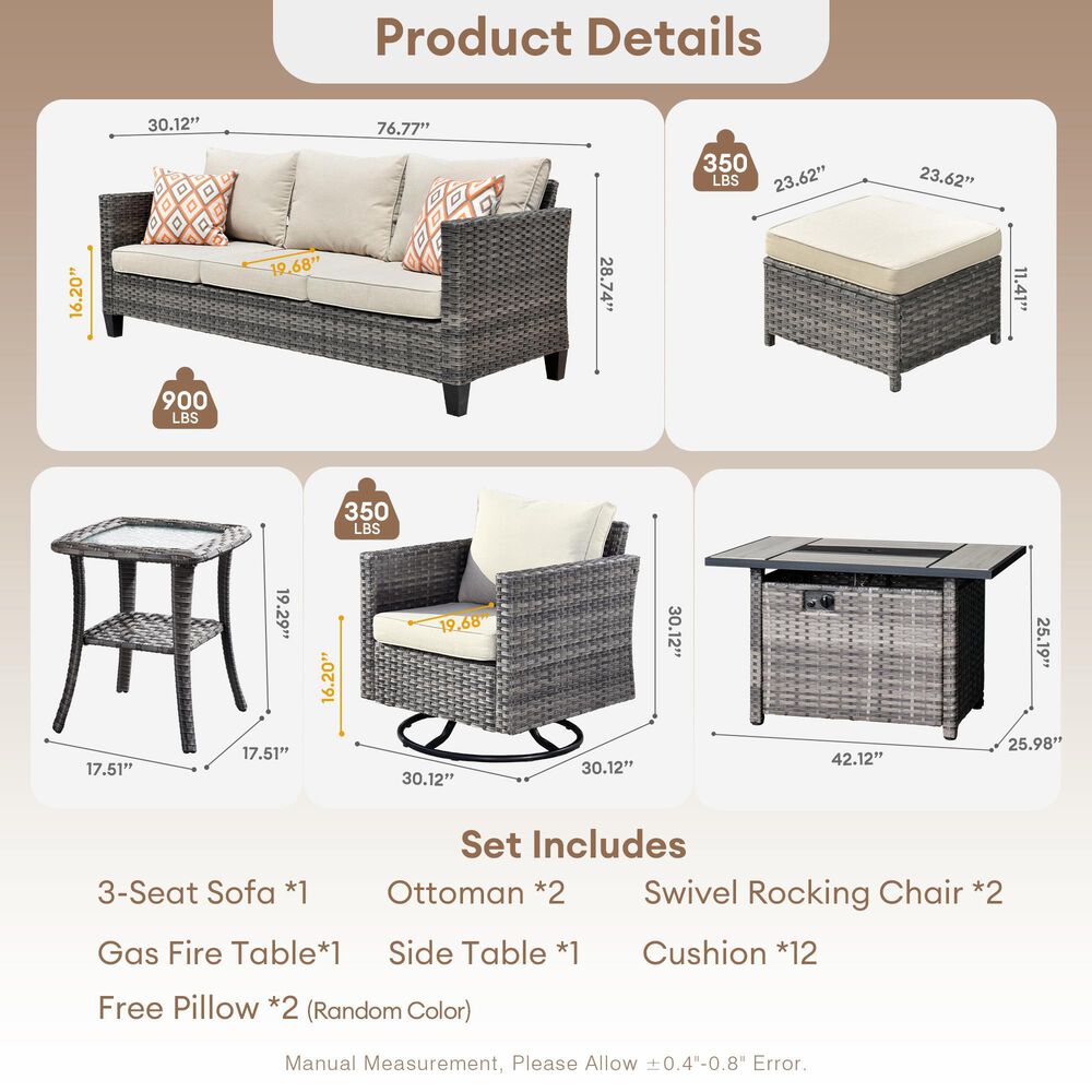 HOMLUX 7-Piece Patio Conversation Set with Rocking Chairs and Fire Pit Table in Beige, , large