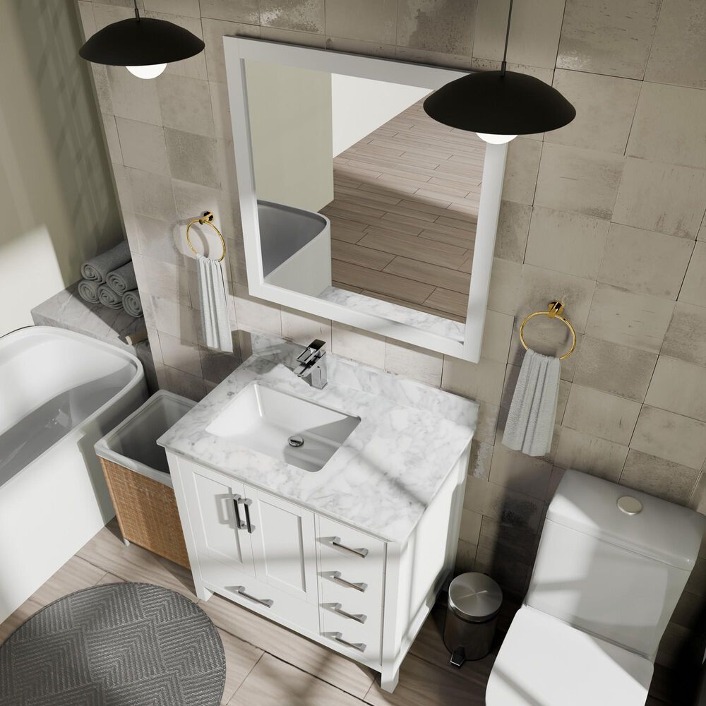 Lexora Home Jacques 36&quot; Left Offset Single Bathroom Vanity in White with 2 cm White Carrara Marble Top and Rectangular Sink, , large