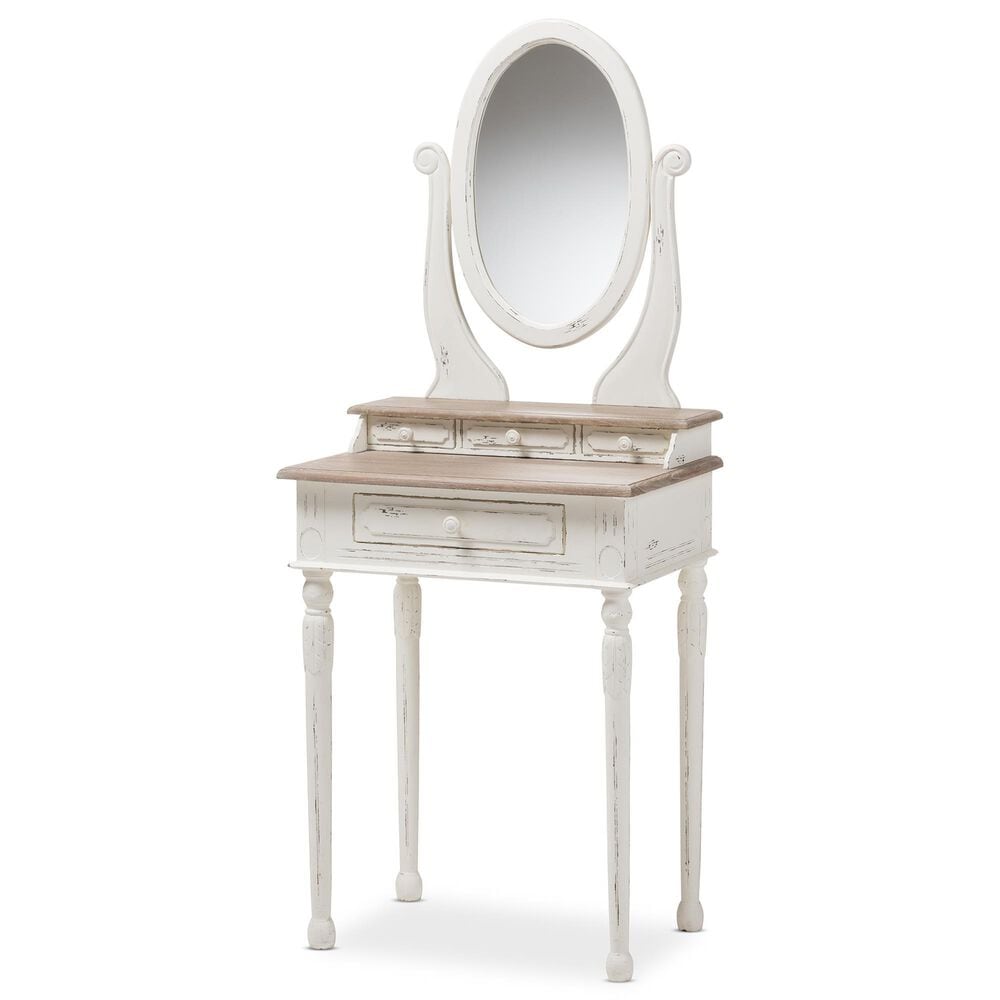 Baxton Studio Anjou Accent Dressing Table with Mirror in Distressed White and Light Brown, , large