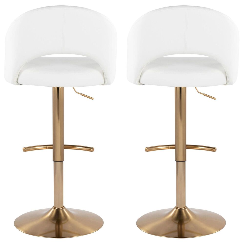 LumiSource Renee Adjustable Swivel Bar Stool with White Faux Leather Upholstery in Gold (Set of 2), , large