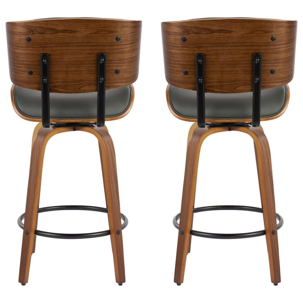 LumiSource Lombardi 26" Swivel Counter Stool with Grey Faux Leather Upholstery in Walnut and Black (Set of 2), , large