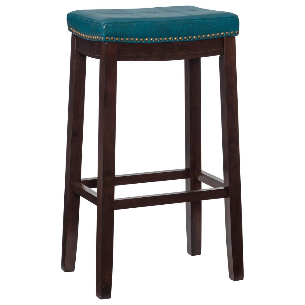 Linon Home Decor Claridge Bar Stool with Blue Cushion in Dark Brown, , large