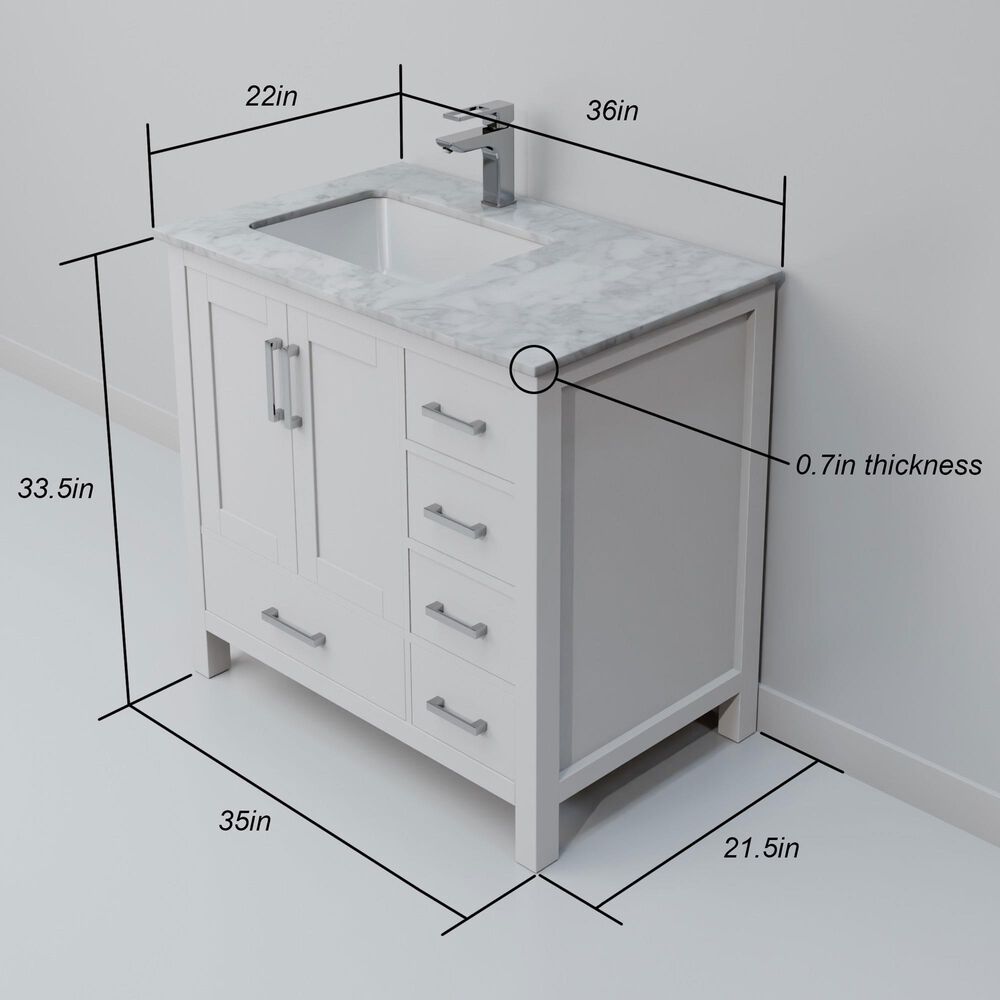 Lexora Home Jacques 36&quot; Left Offset Single Bathroom Vanity in White with 2 cm White Carrara Marble Top and Rectangular Sink, , large