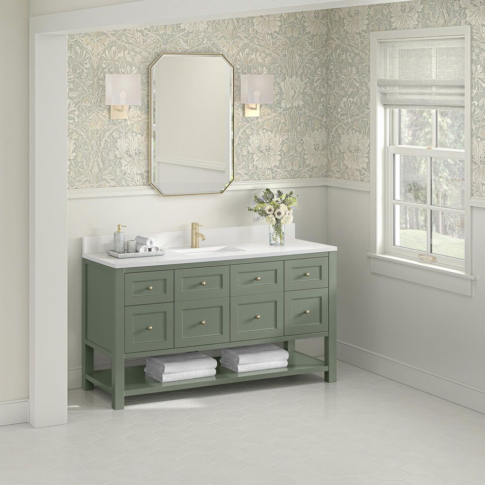 James Martin Vanities Breckenridge 60&quot; Single Bathroom Vanity in Smokey Celadon with Single Hole 3 cm White Zeus Quartz Top and Rectangular Sink, , large