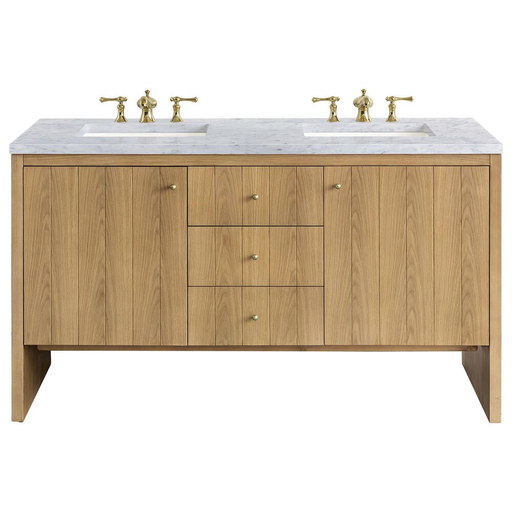 James Martin Vanities Hudson 60" Double Bathroom Vanity in Light Natural Oak with 3 cm Carrara White Marble Top and Rectangular Sinks, , large