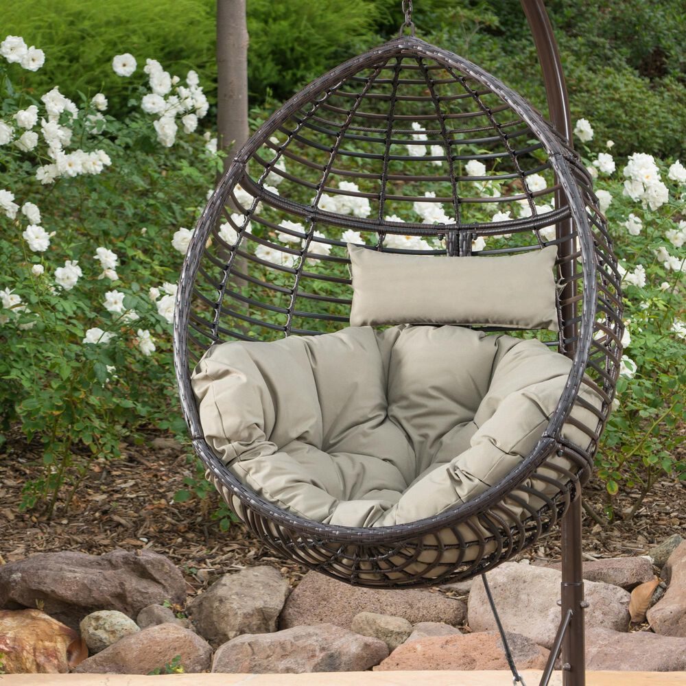 Noble House Layla Hanging Basket Chair and Stand in Multi-Brown, , large