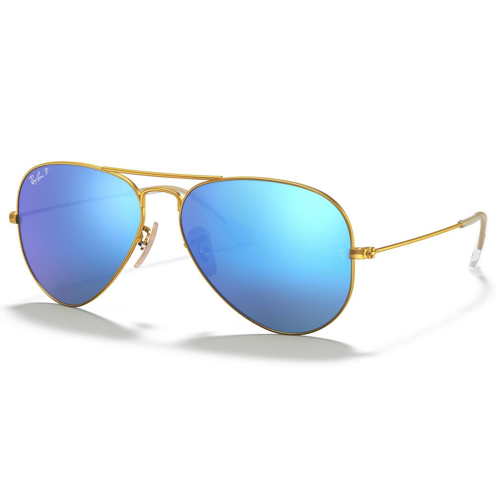 Ray-Ban Aviator Flash Sunglasses with Blue Polarized Lenses in Matte Gold, , large