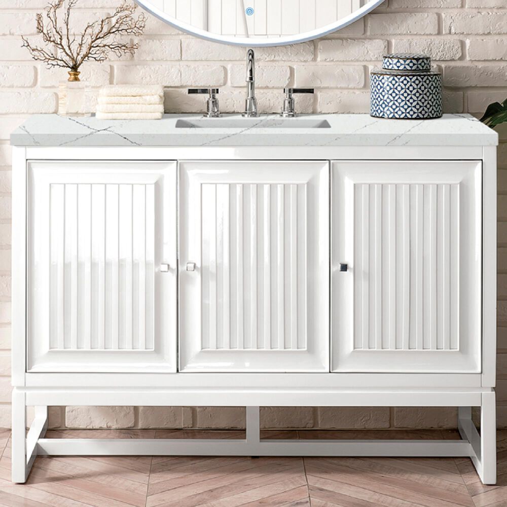 James Martin Vanities Athens 48&quot; Single Bathroom Vanity in Glossy White with 3 cm Ethereal Noctis Quartz Top and Rectangular Sink, , large