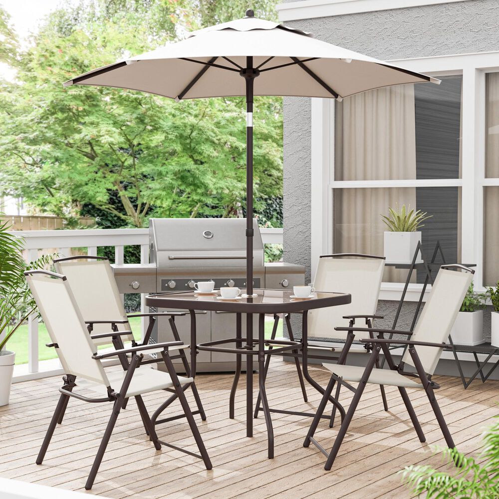 Furniture of America Nuri 6-Piece Outdoor Dining Set with Umbrella in Black, , large