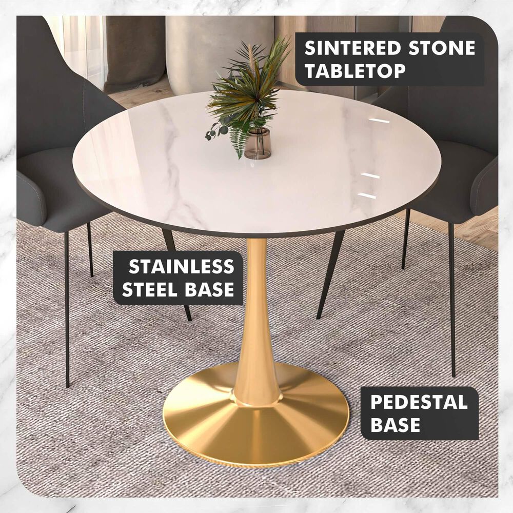 Leisuremod Leisuremod Bristol 35 round dining table Gold base with White Sintered stone Top, , large