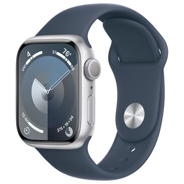 Apple Watch Series 9 GPS 41mm Silver Aluminum Case with Storm Blue Sport Band - S/M, , large