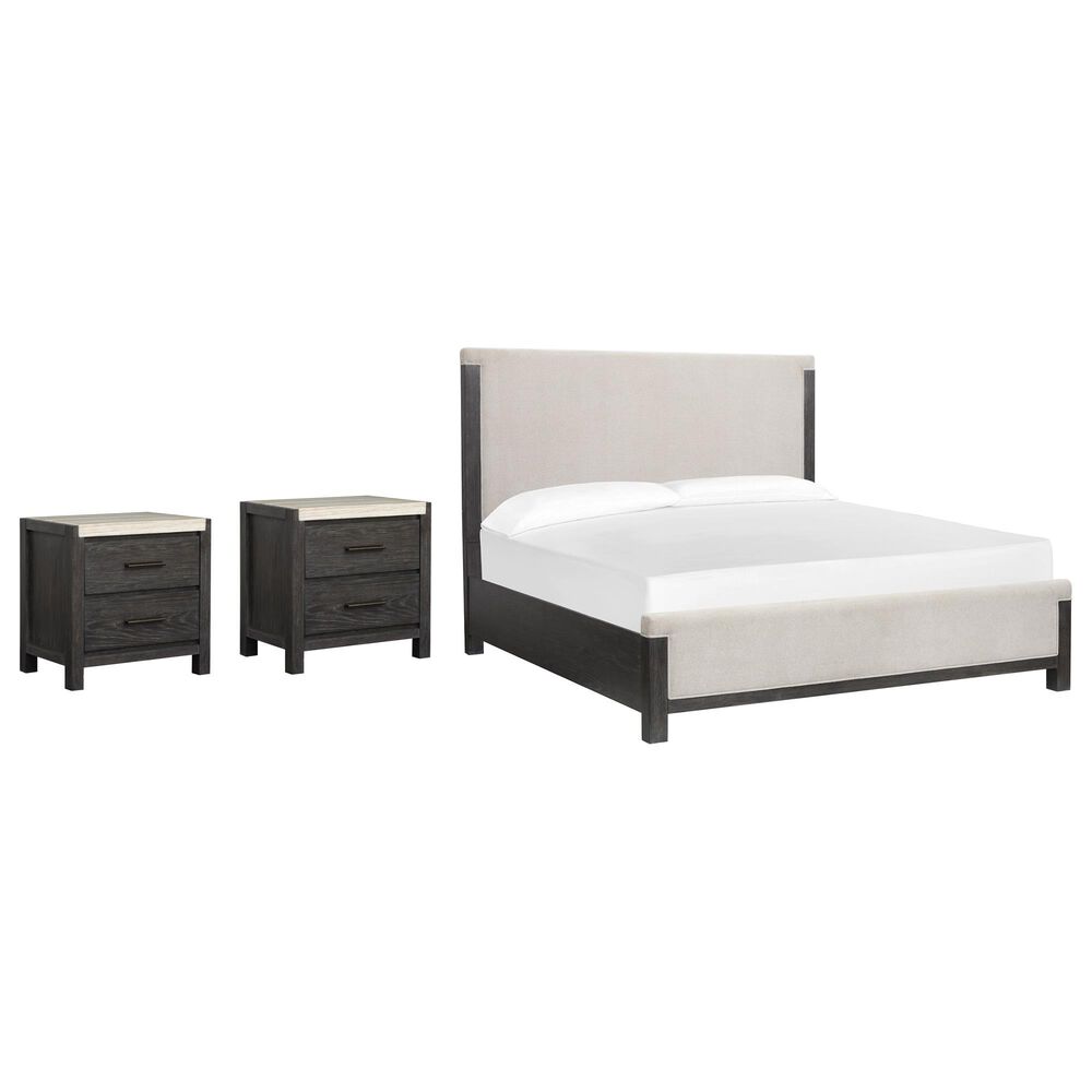 Nicolette Home Plum Creek King Panel Upholstered Bed with Two Nightstands in Ravenwood Black, , large