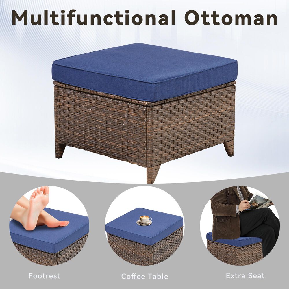 Hearth and Haven Patio Wicker Ottoman with Solid Weave Design in Blue (Set of 2), , large