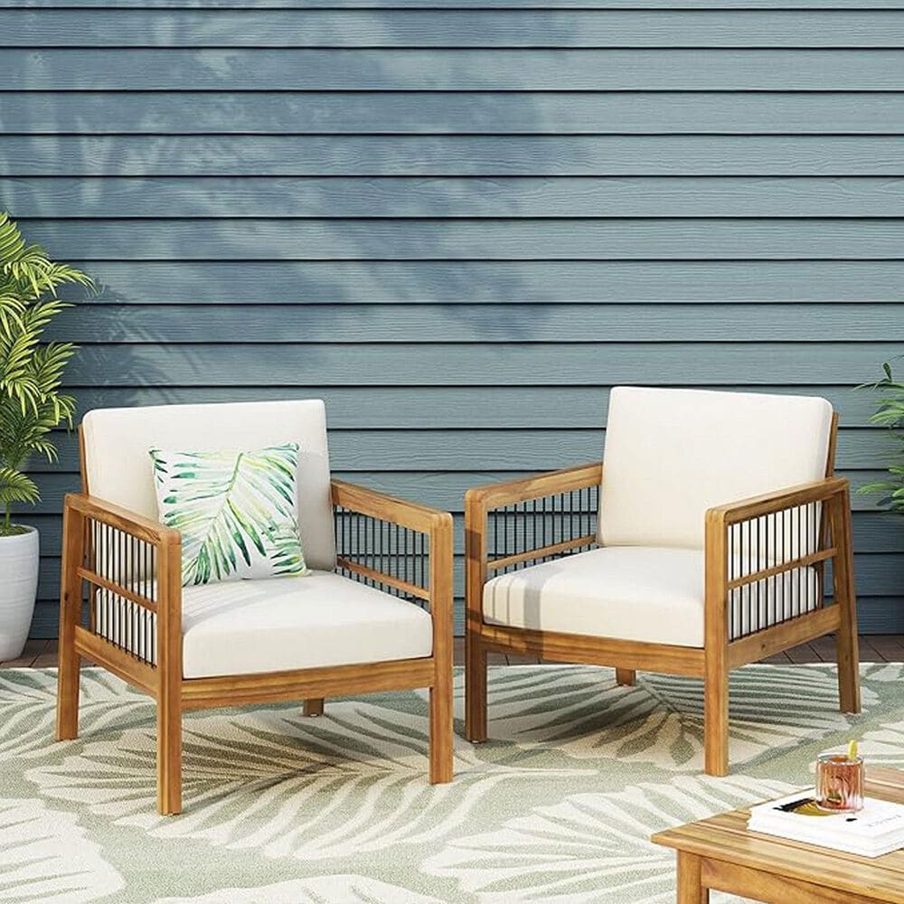 Hearth and Haven Outdoor Acacia Wood Club Chair with Beige Cushions and Slat Panel in Teak, , large